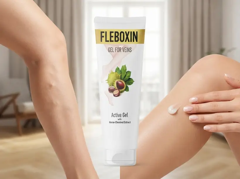 Aplikacja żelu Fleboxin na skórę nóg ruchem od dołu ku górze